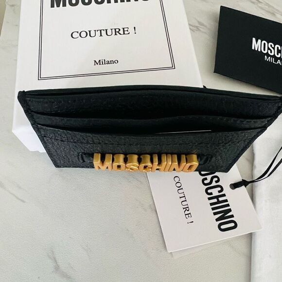 MOSCHINO Logo Leather Card Case, Designer Italian Luxury Wallet, Black Gold, NWT - Picture 7 of 13